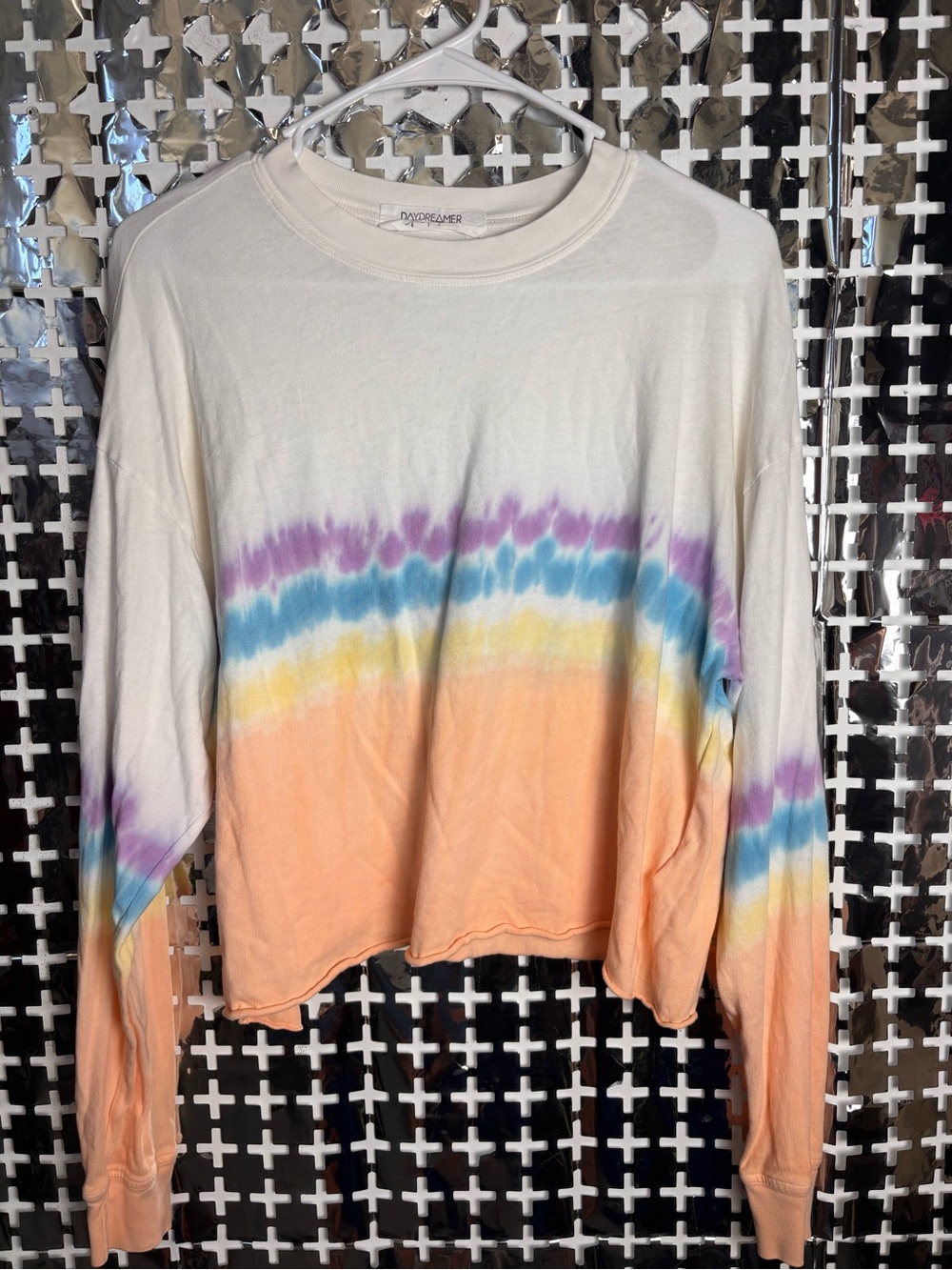 Free People Tie-Dye Cropped Long Sleeve Top - Cream, Peach, Blue, Yellow, Purple